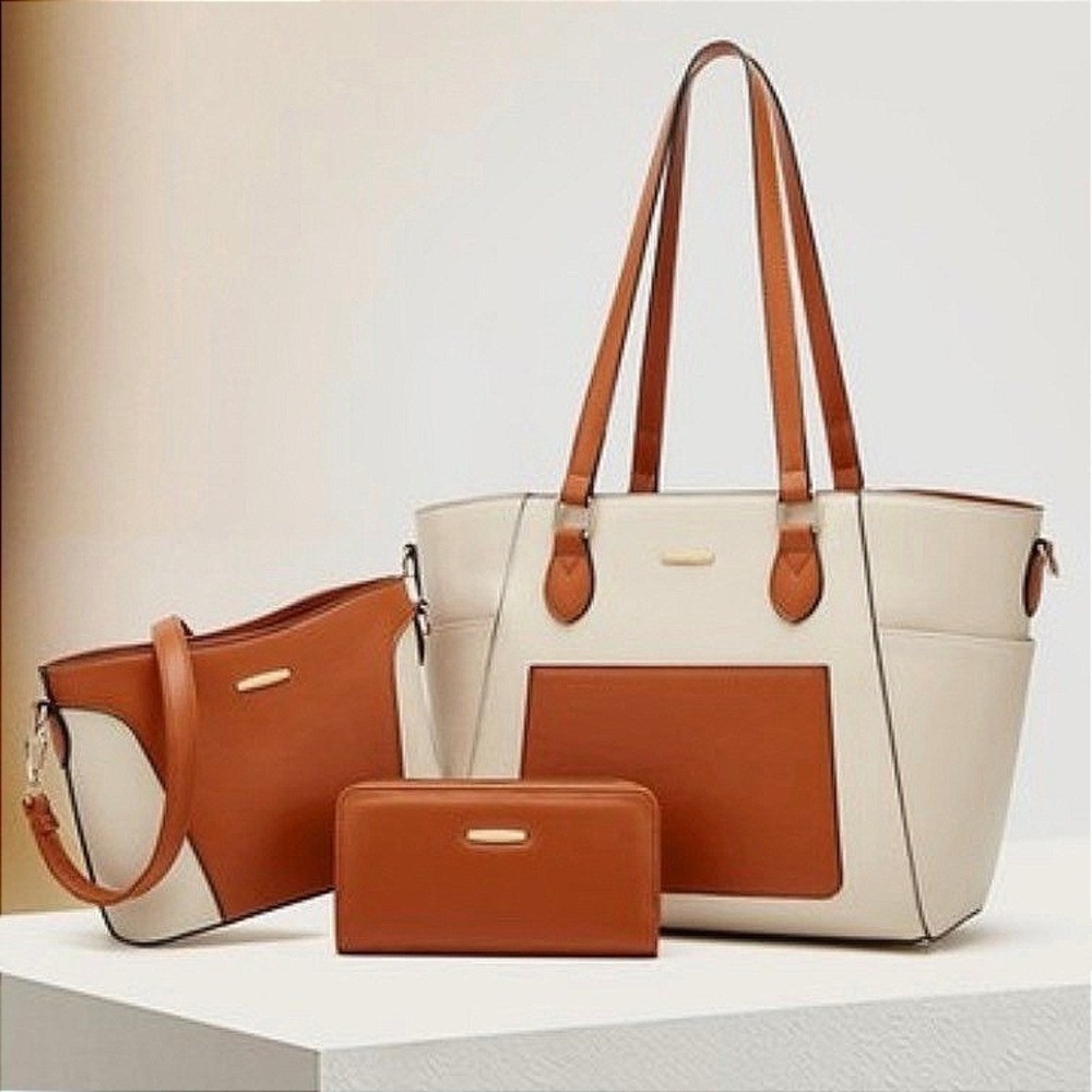 3 Piece Handbag Set Tote/Crossbody/Wallet Cream Tan Faux-Leather Gold Hardware